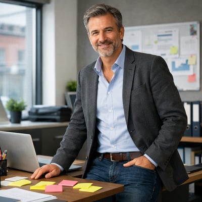homme business casual un peu sur le terrain 50 ans dans un bureau sans le casque sur le bureau mais des postsit  la place-1
